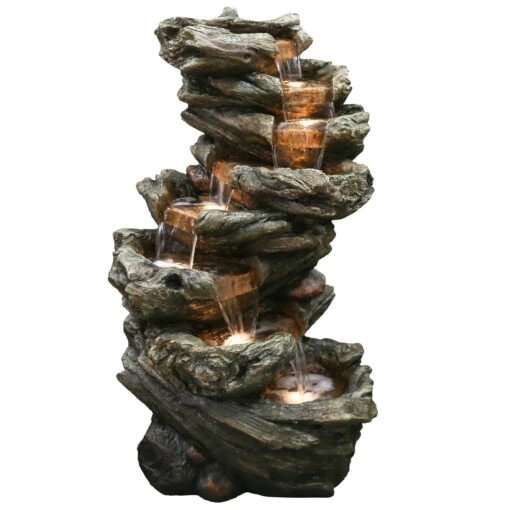 Gartenbrunnen Mit Warmlicht, Echtholzoptik, 61 X 45 X 102 Cm -Freien Garten Promotion Geschäft 0980500093 Polyresin Brunnen warmlicht 1 84960